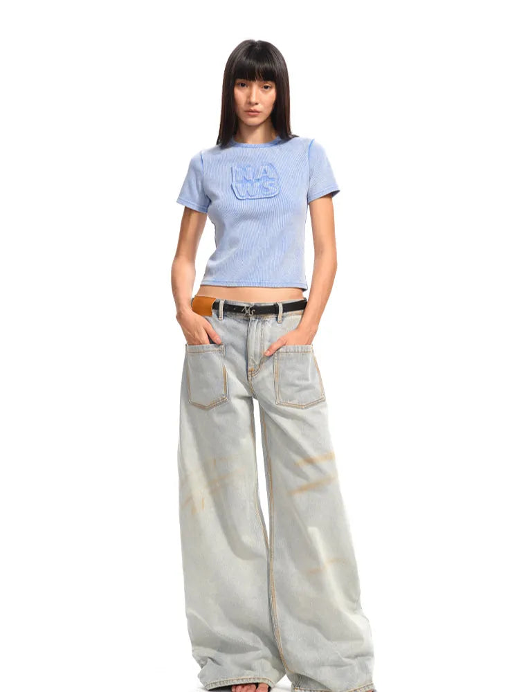Applique Embroidery Washed Round - Neck Raw - Edge T - shirt