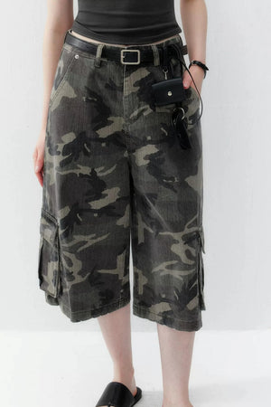Camouflage Denim Wide-Leg Pants