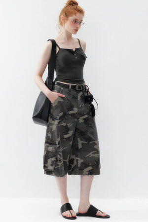 Camouflage Denim Wide-Leg Pants