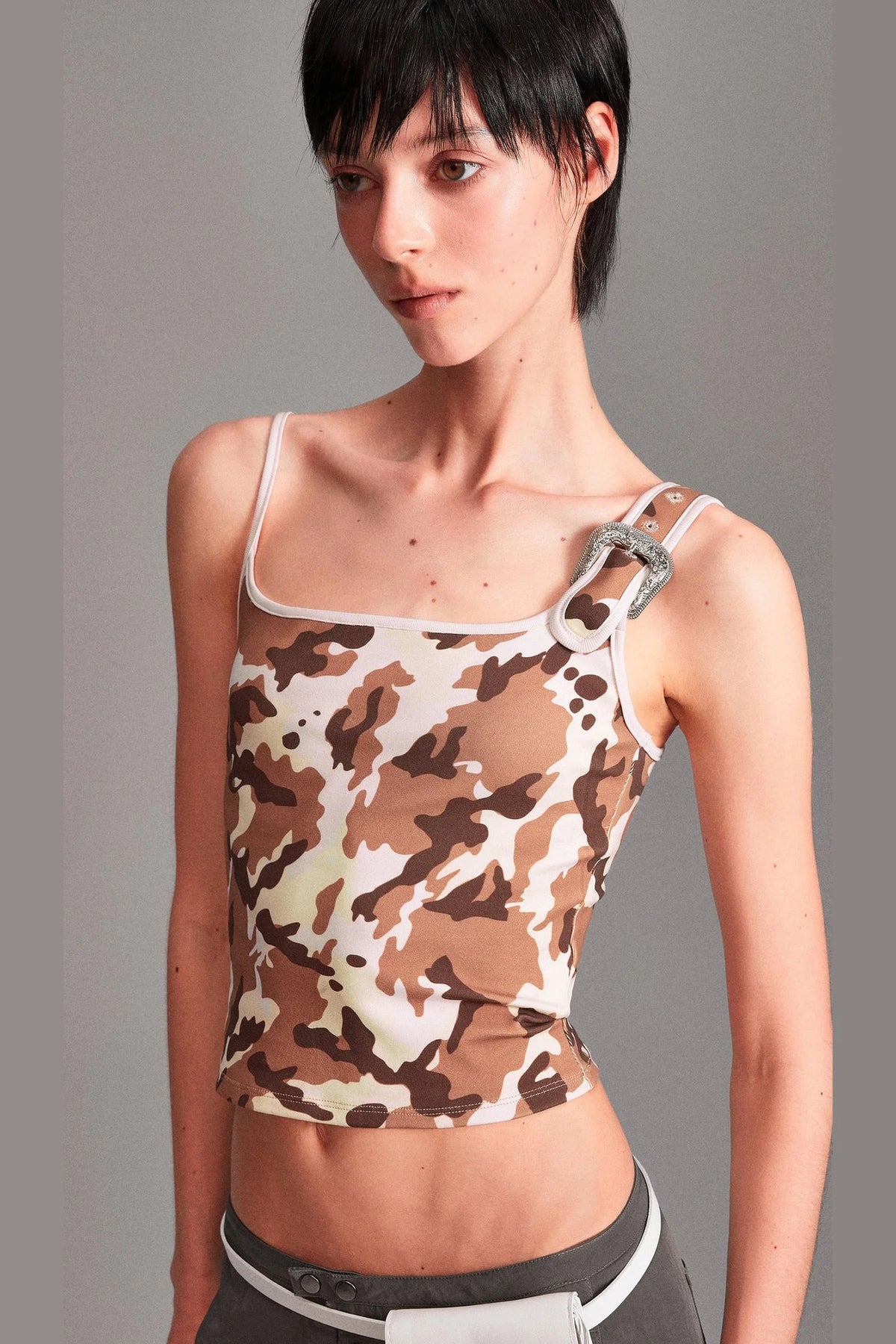 Camouflage Leopard Print Asymmetrical Metal Buckle Camisole