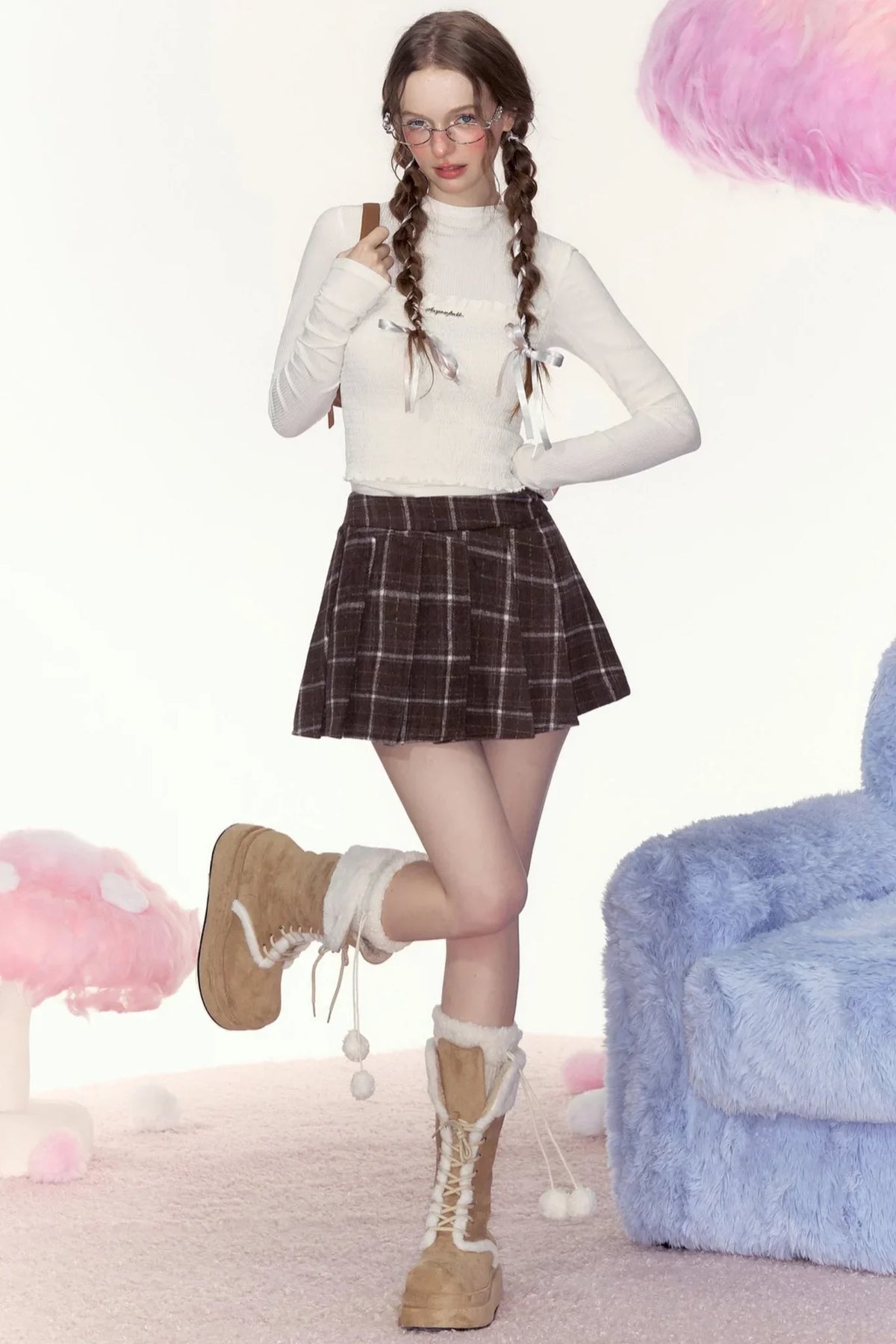 Caramel Cookies Retro Checked Pleated Skirt