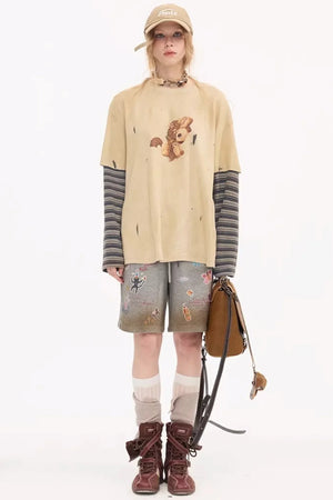 Cartoon Animal Distressed Pants