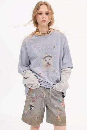 Cartoon Animal Distressed Pants