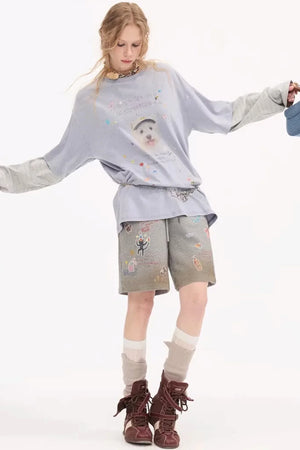 Cartoon Animal Distressed Pants