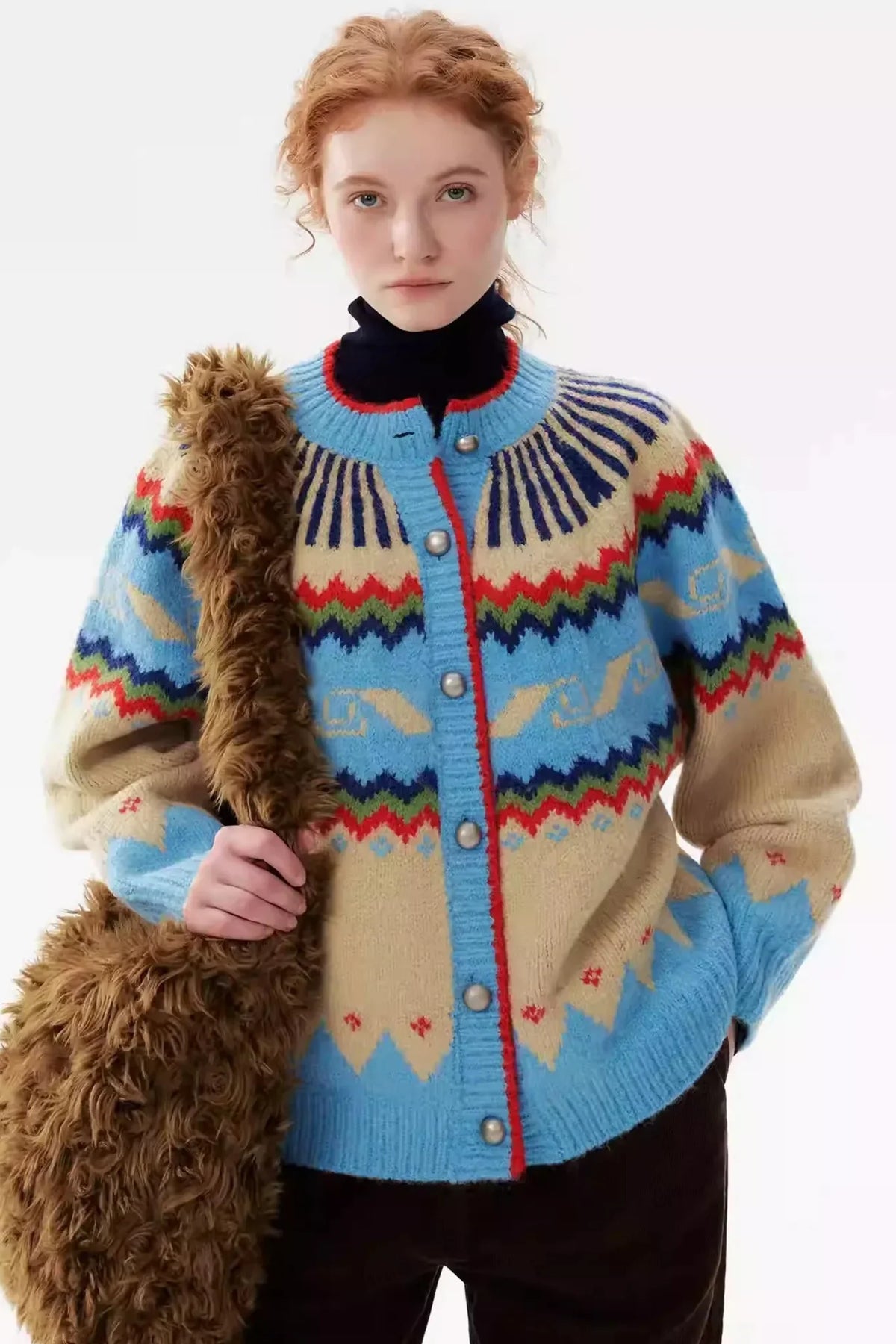 Cartoon Color-Blocked Wool Cardigan