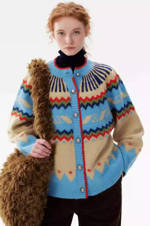 Cartoon Color-Blocked Wool Cardigan