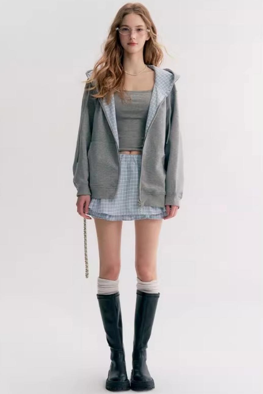 Casual Plaid Hooded Sweatshirt Suspender Skirt Set-Up