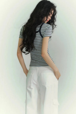 Casual Striped T-Shirt Suspender Set