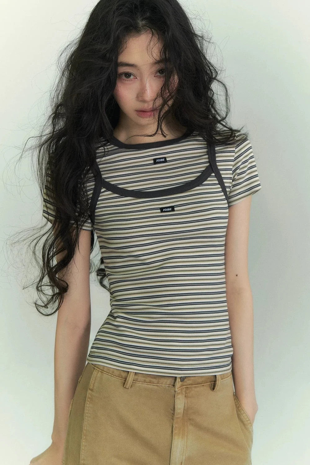 Casual Striped T-Shirt Suspender Set