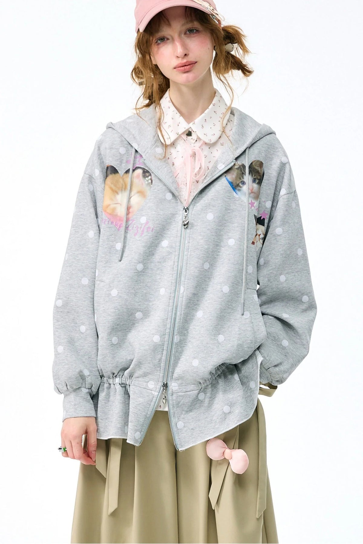 Cat Polka Dot Zipper Hooded Jacket