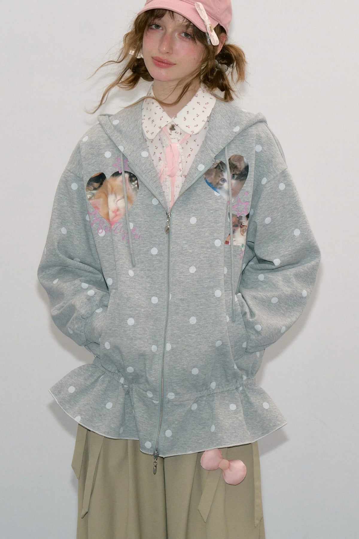 Cat Polka Dot Zipper Hooded Jacket