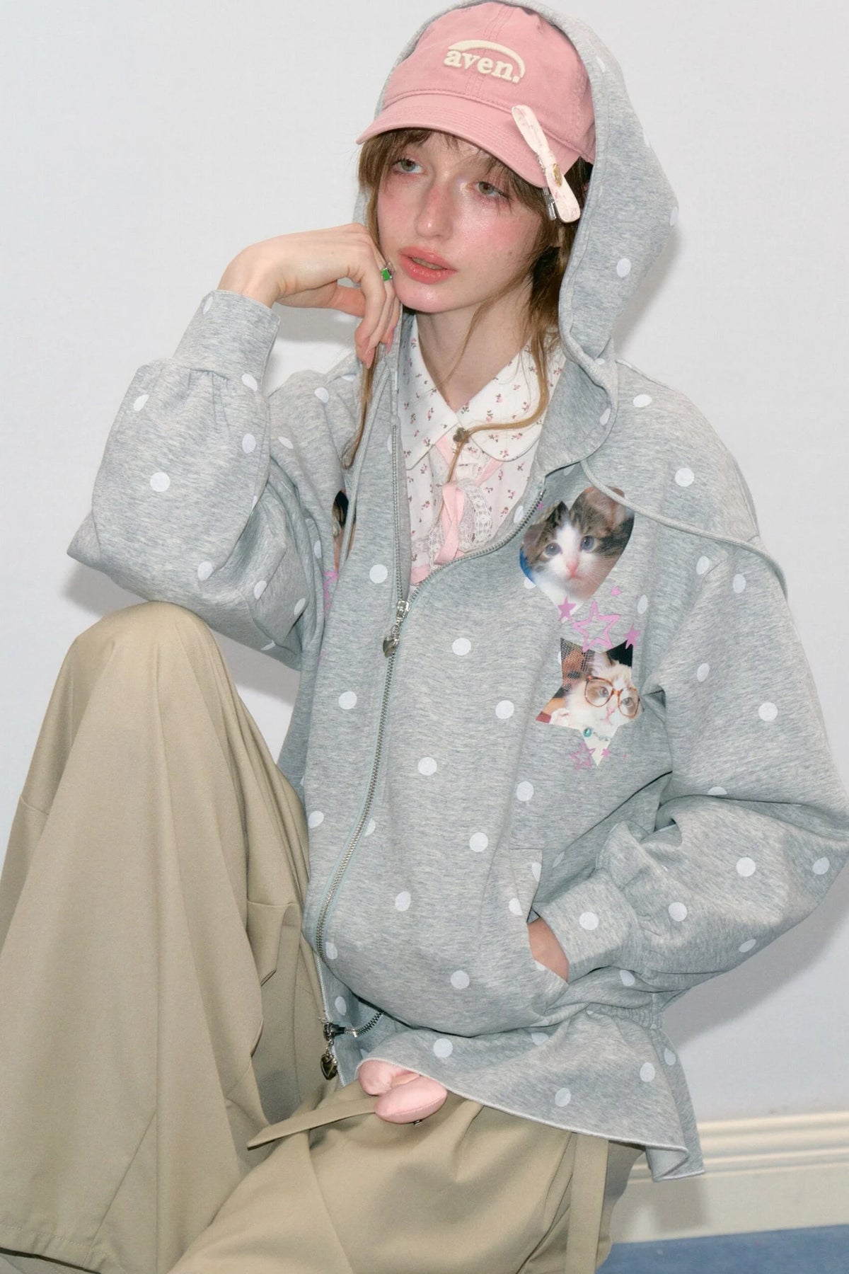 Cat Polka Dot Zipper Hooded Jacket