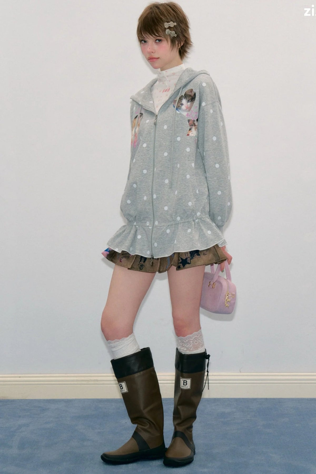 Cat Polka Dot Zipper Hooded Jacket