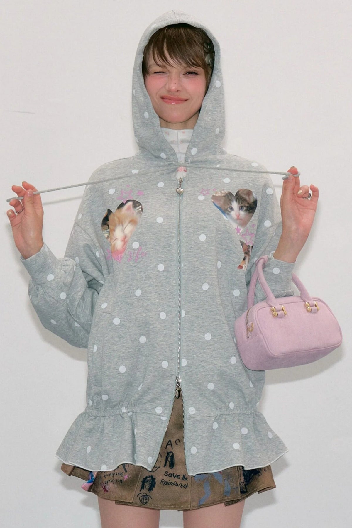 Cat Polka Dot Zipper Hooded Jacket