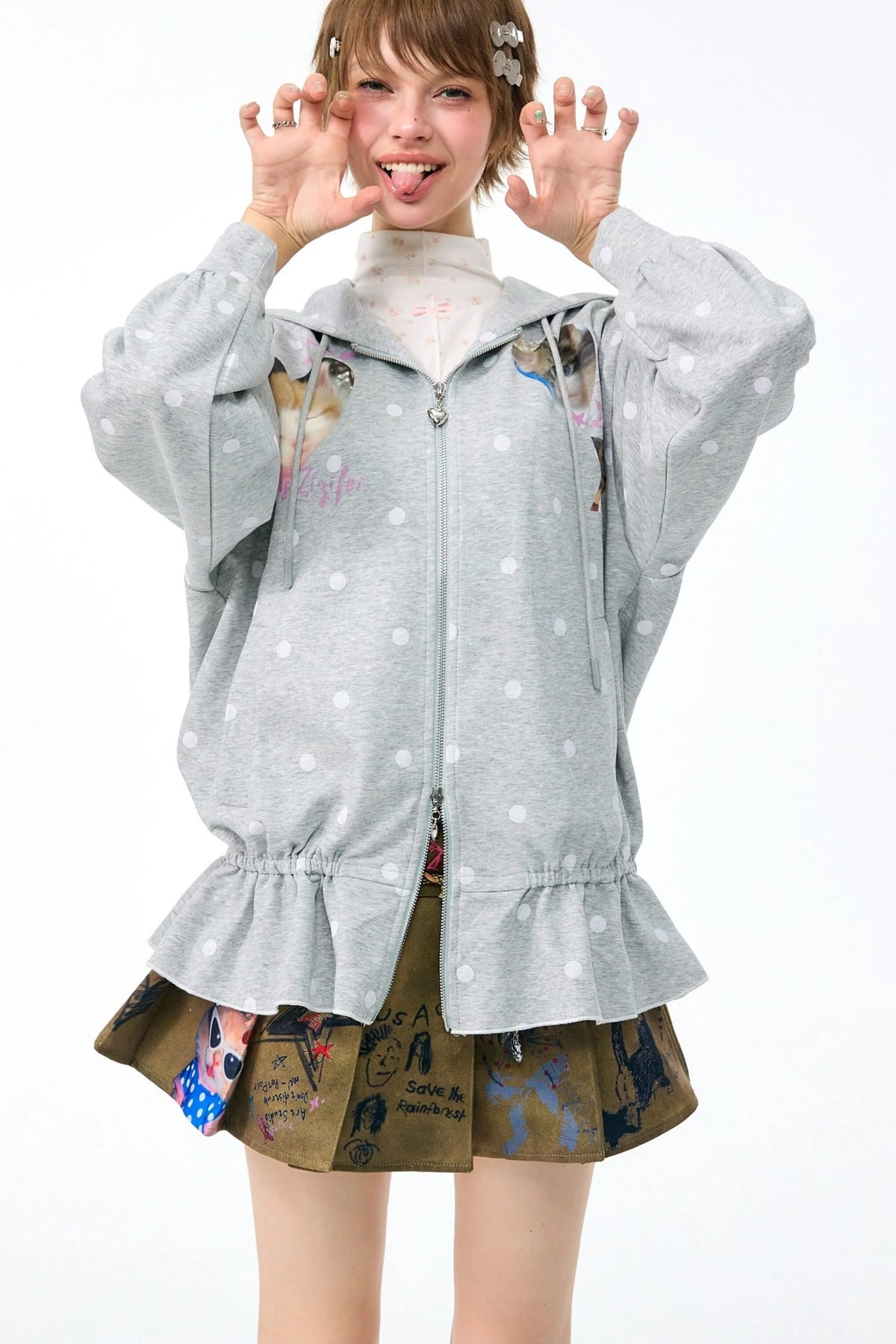 Cat Polka Dot Zipper Hooded Jacket