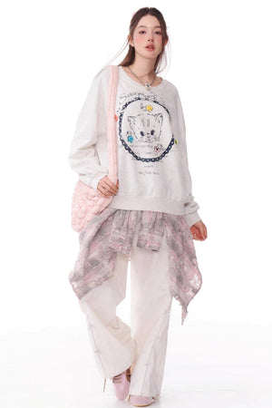 Cat Print Drawstring Loose Sweatshirt