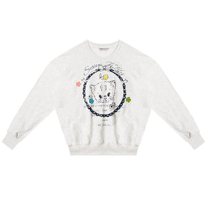 Cat Print Drawstring Loose Sweatshirt