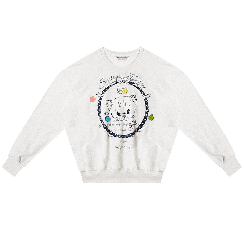 Cat Print Drawstring Loose Sweatshirt