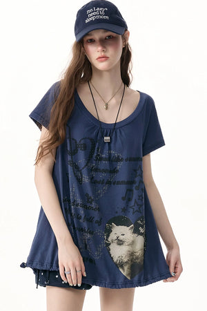Cat Print Drawstring Short Sleeve T-Shirt