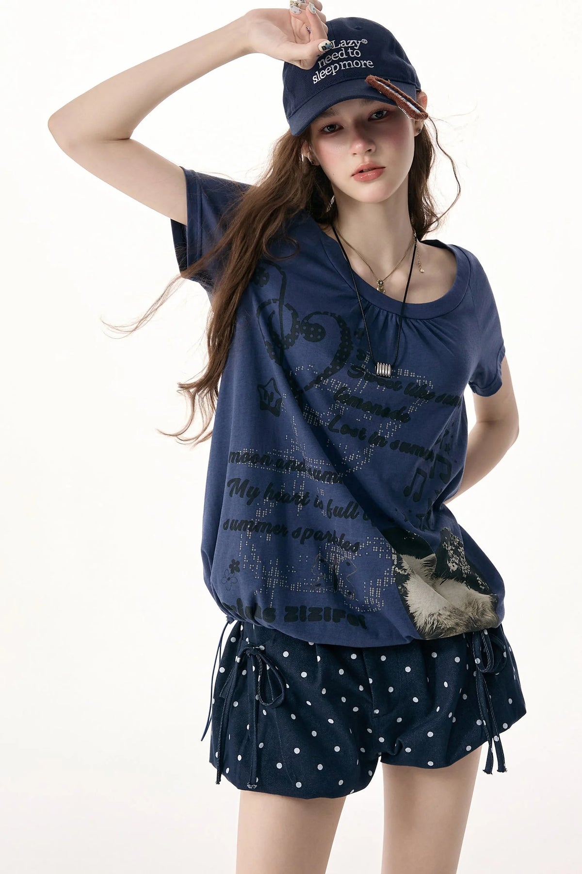 Cat Print Drawstring Short Sleeve T-Shirt