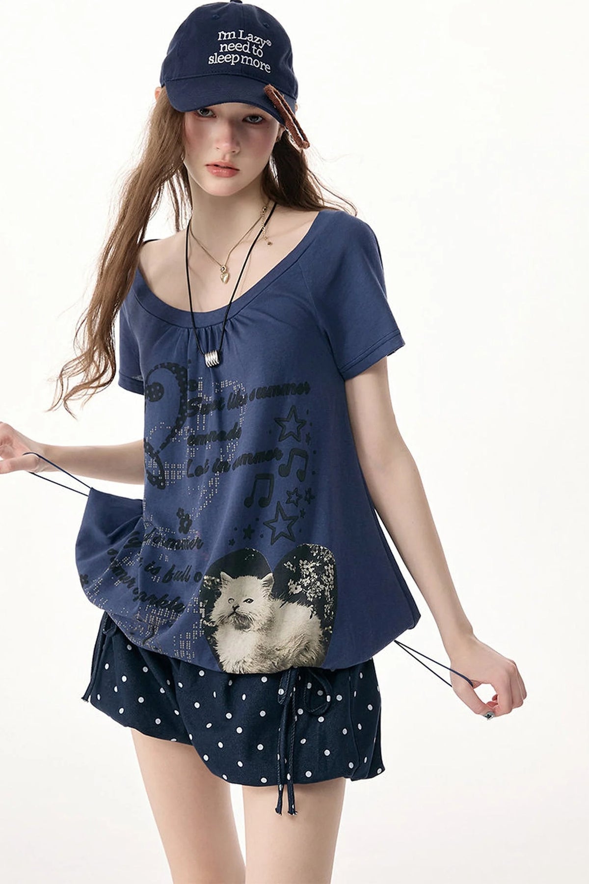 Cat Print Drawstring Short Sleeve T-Shirt