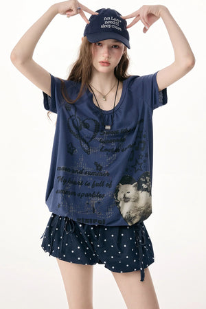 Cat Print Drawstring Short Sleeve T-Shirt