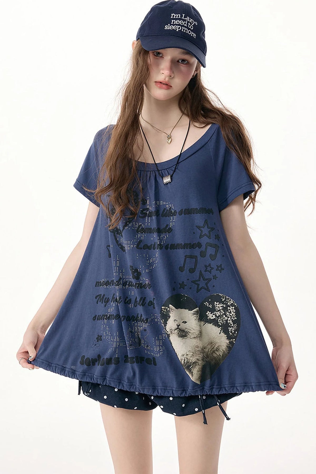 Cat Print Drawstring Short Sleeve T-Shirt