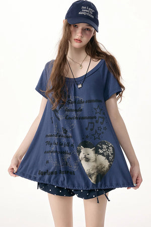 Cat Print Drawstring Short Sleeve T-Shirt