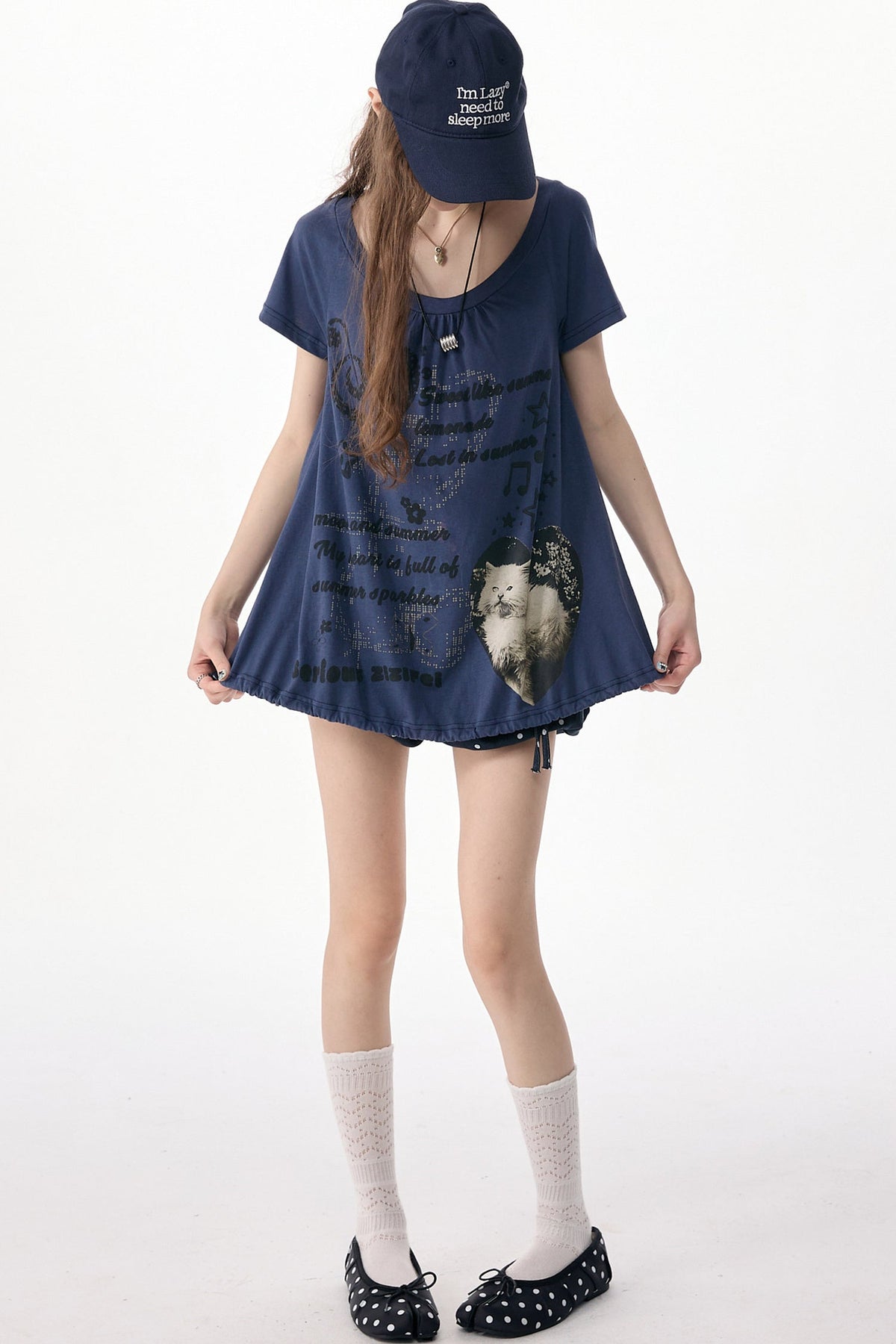 Cat Print Drawstring Short Sleeve T-Shirt