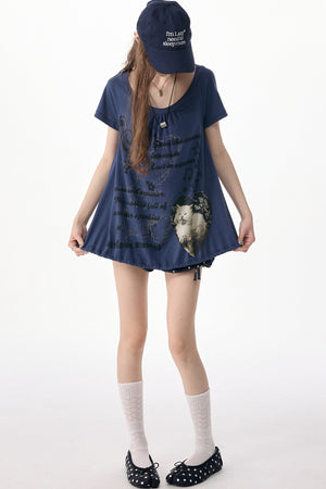 Cat Print Drawstring Short Sleeve T-Shirt