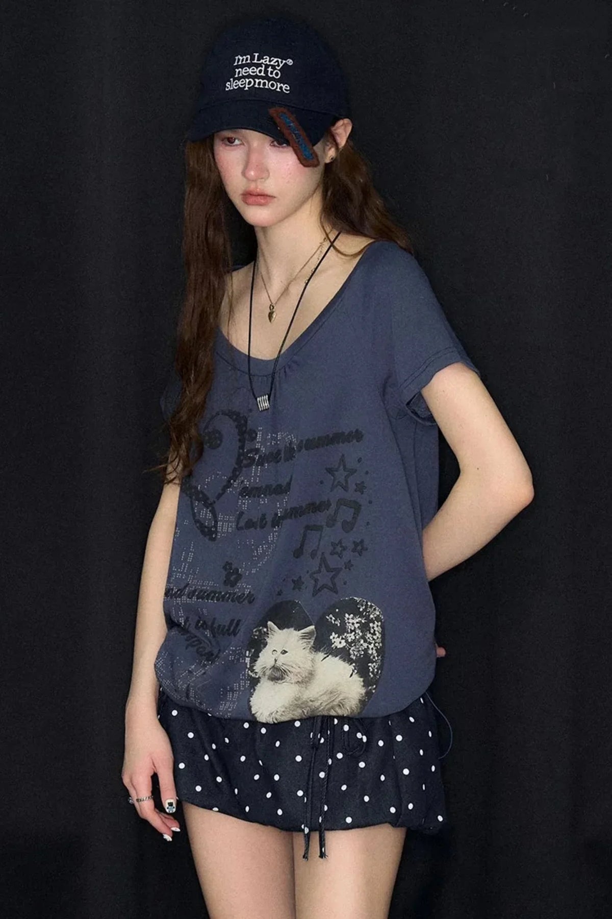 Cat Print Drawstring Short Sleeve T-Shirt