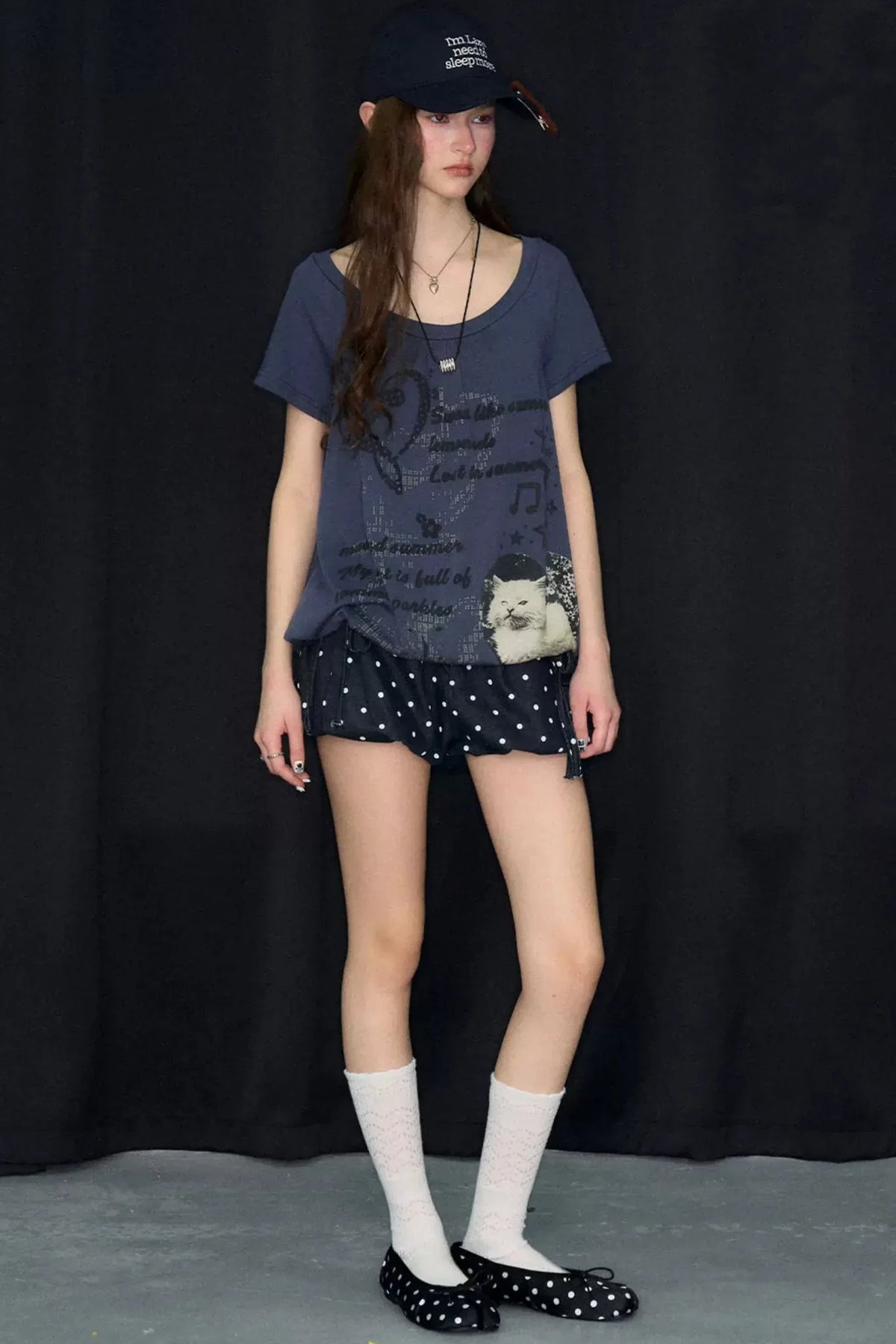 Cat Print Drawstring Short Sleeve T-Shirt