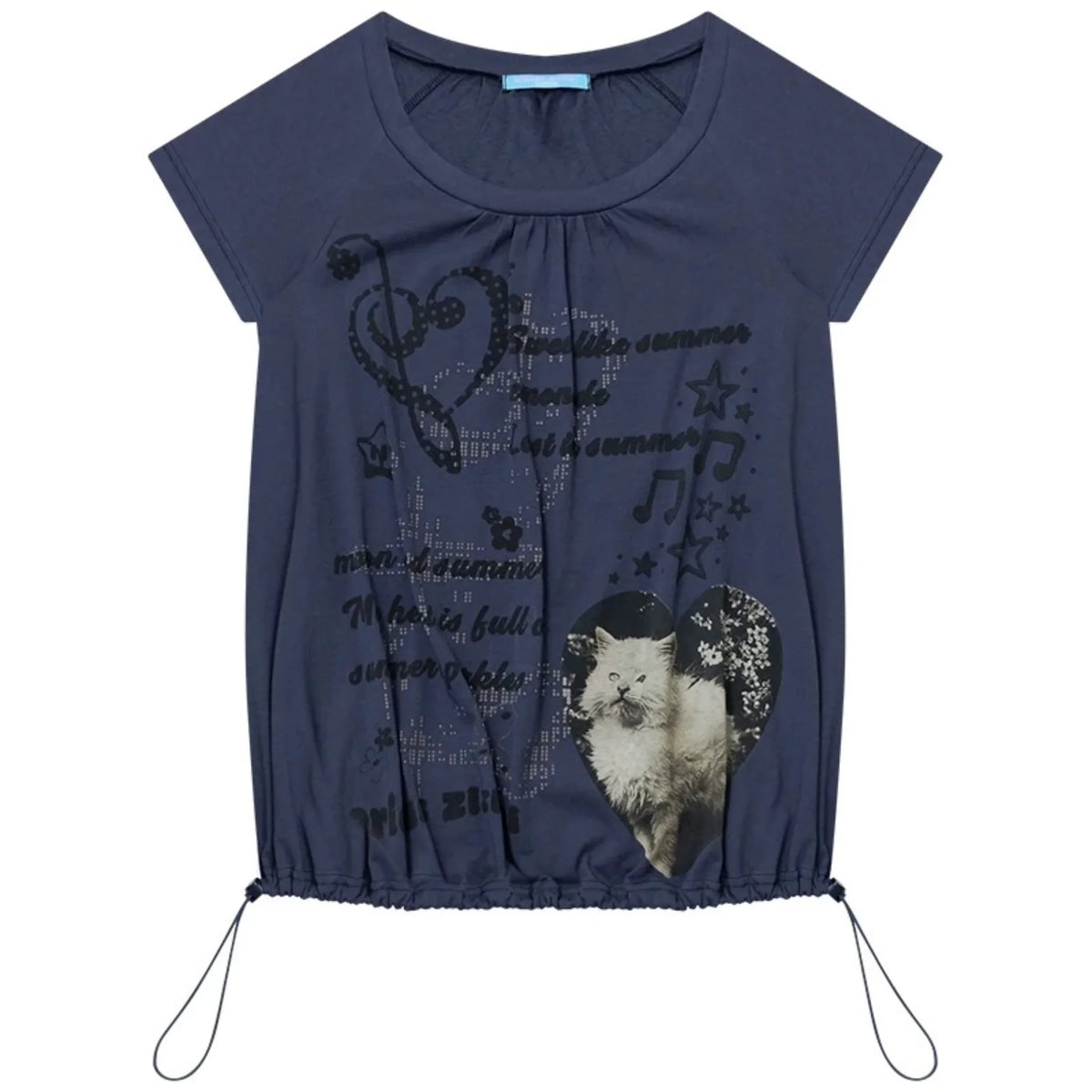 Cat Print Drawstring Short Sleeve T-Shirt