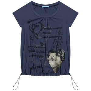 Cat Print Drawstring Short Sleeve T-Shirt