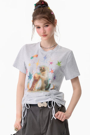 Cat Print Drawstring T-Shirt