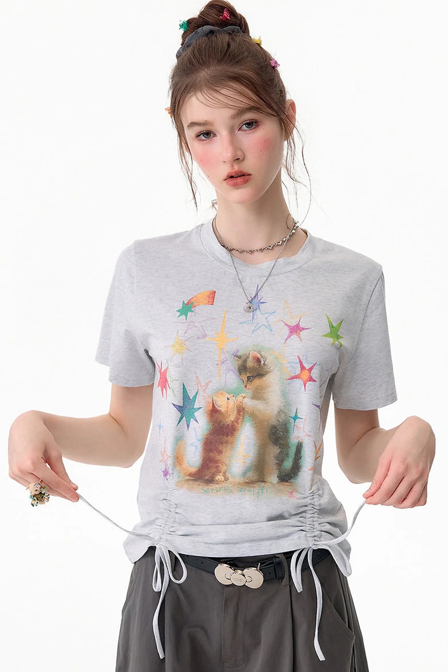 Cat Print Drawstring T-Shirt