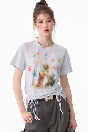 Cat Print Drawstring T-Shirt