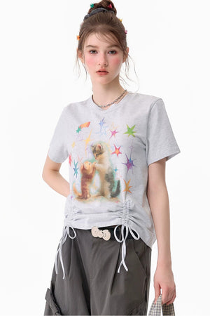 Cat Print Drawstring T-Shirt