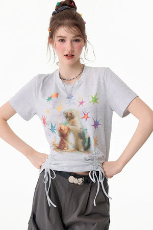 Cat Print Drawstring T-Shirt