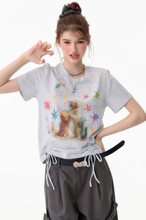 Cat Print Drawstring T-Shirt