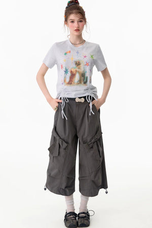 Cat Print Drawstring T-Shirt