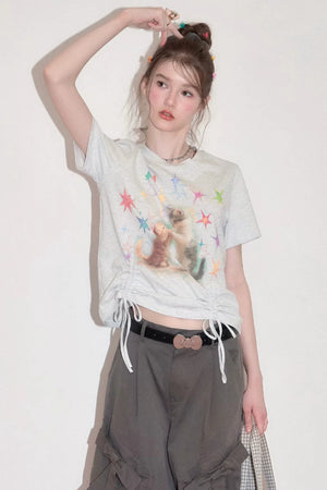 Cat Print Drawstring T-Shirt