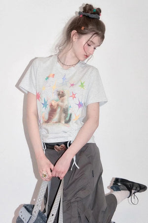 Cat Print Drawstring T-Shirt