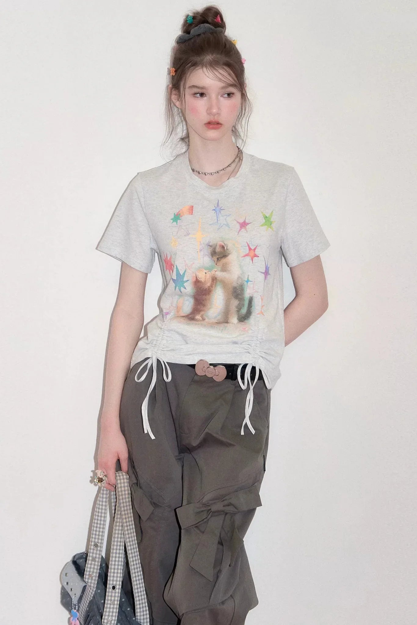 Cat Print Drawstring T-Shirt