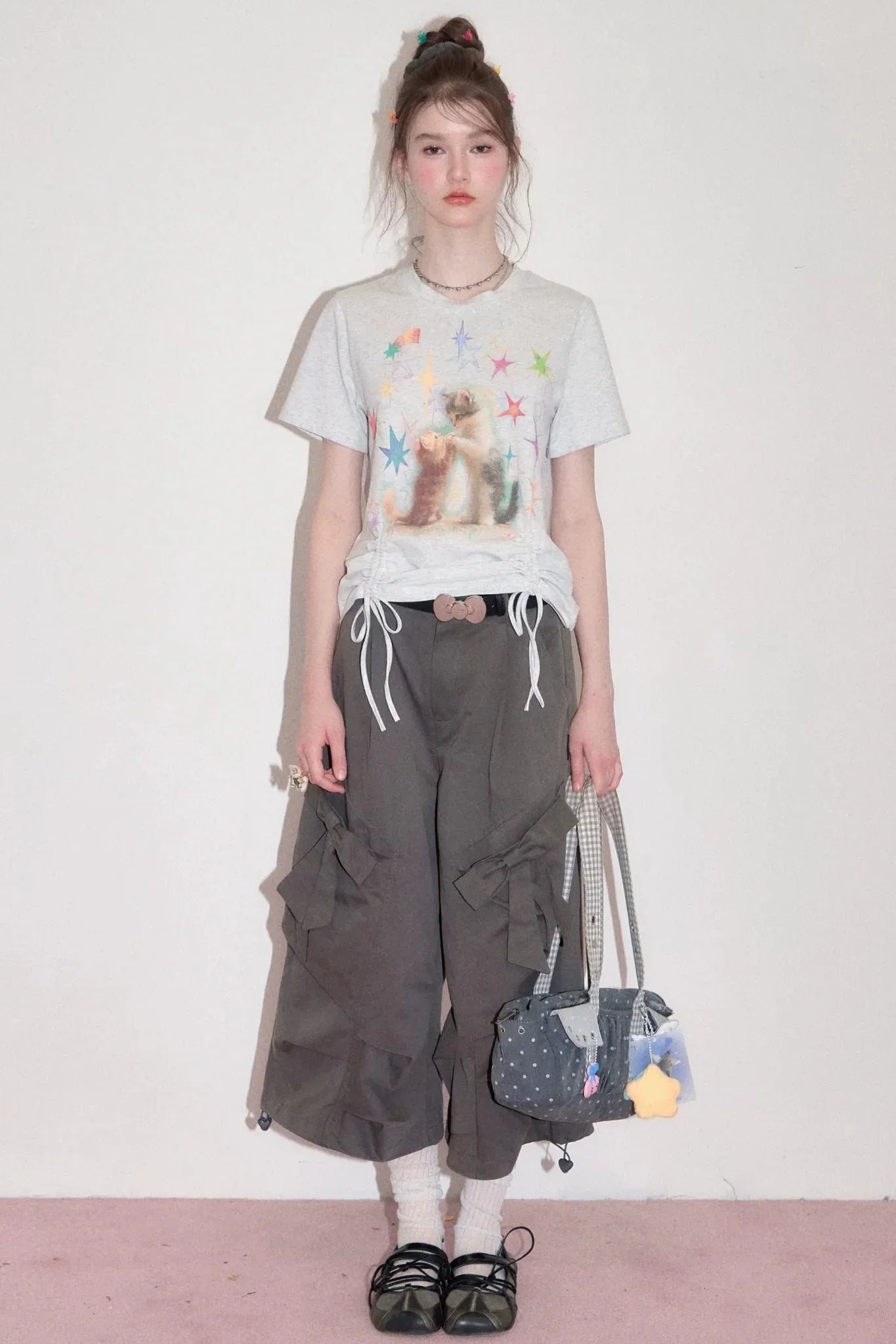 Cat Print Drawstring T-Shirt