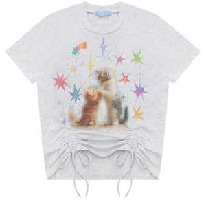 Cat Print Drawstring T-Shirt