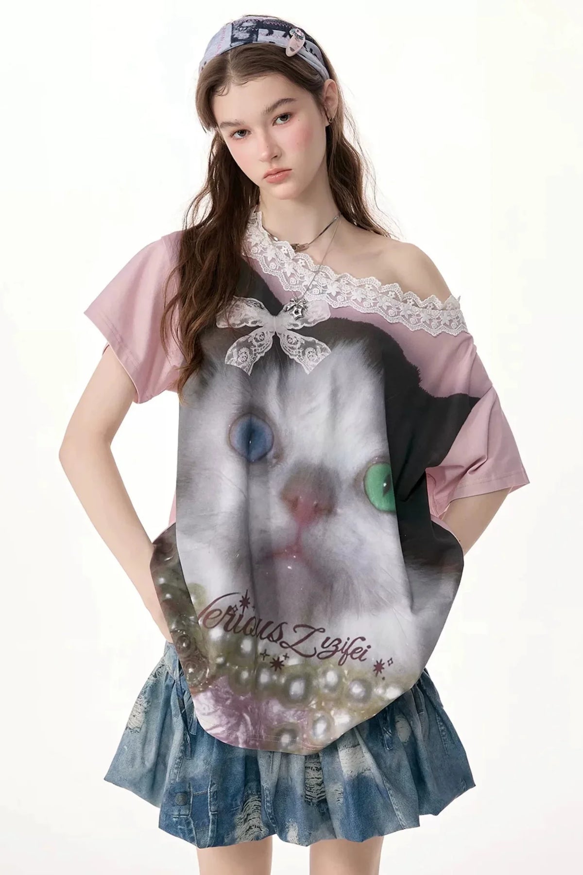 Cat Print Lace Collar Oversized T-Shirt