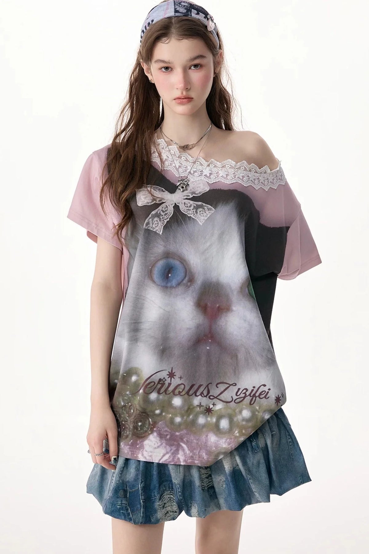 Cat Print Lace Collar Oversized T-Shirt