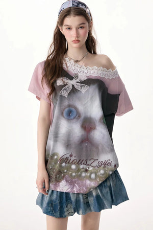 Cat Print Lace Collar Oversized T-Shirt