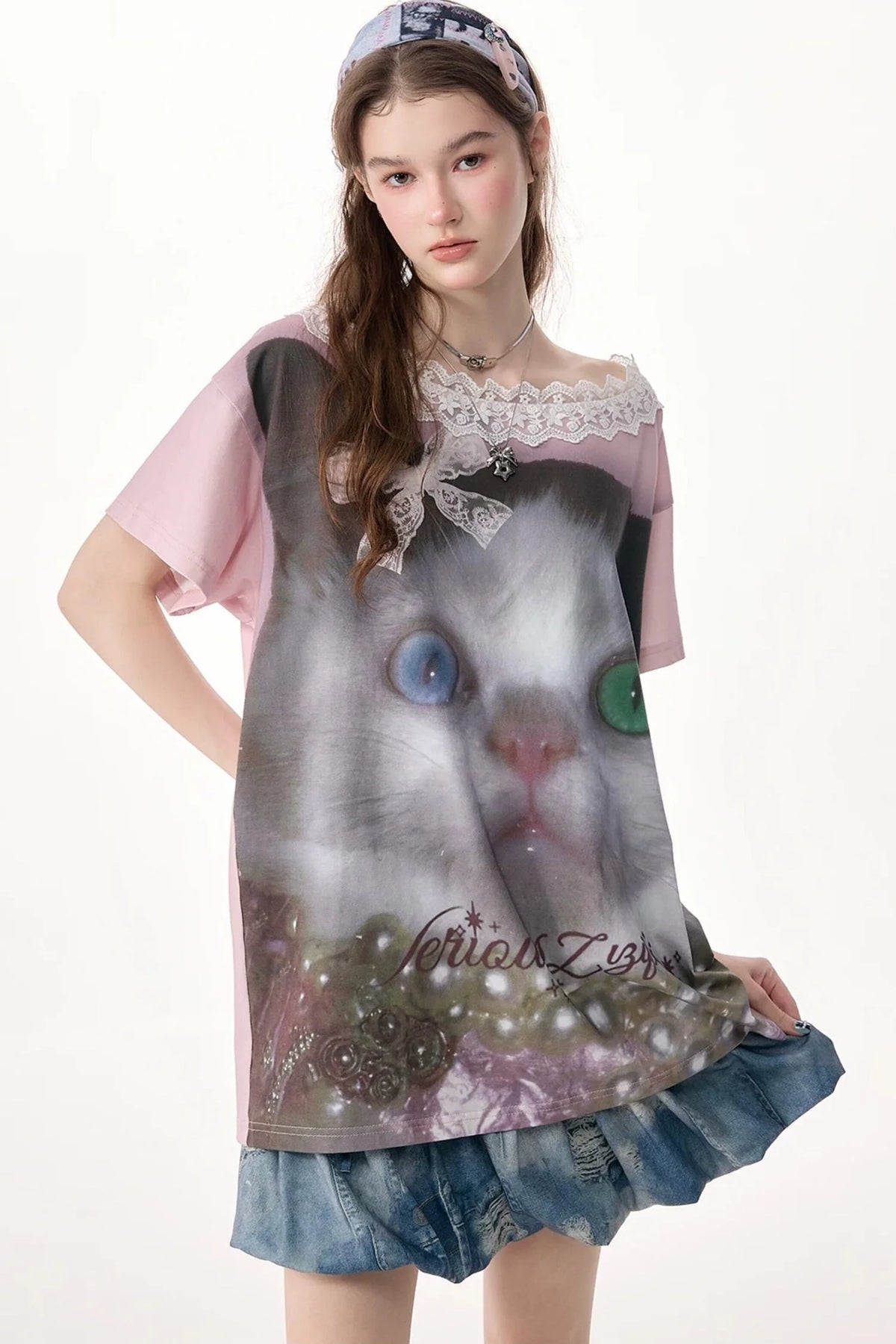 Cat Print Lace Collar Oversized T-Shirt